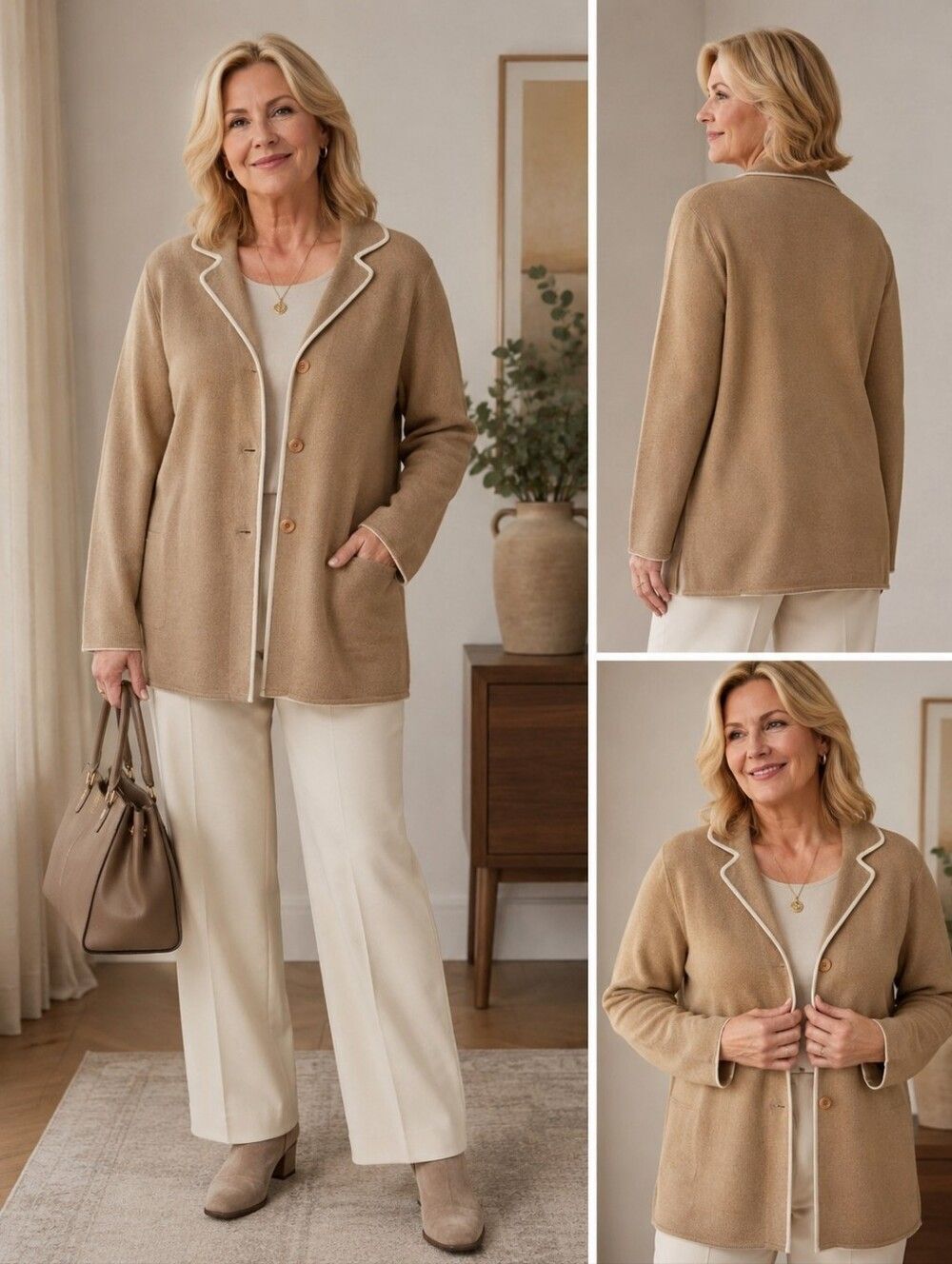 100% Wool Vintage Tan Wool Long Jacket Sweater Josephine Chaus Size L